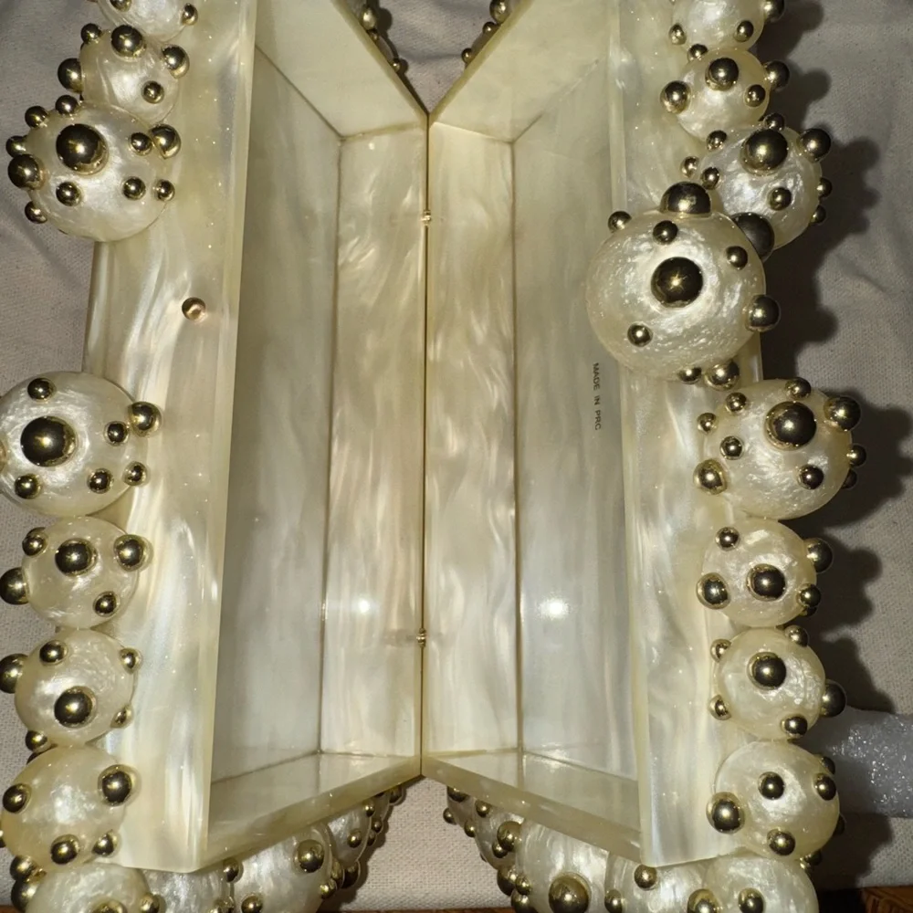 cult gaia Ivory & Shiny Brass Pearl-Embellished Eos Clutch